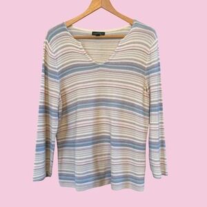 LRL Lauren Jeans Co. Ralph Lauren Pastel Striped Cotton V-Neck Long Sleeve L Top